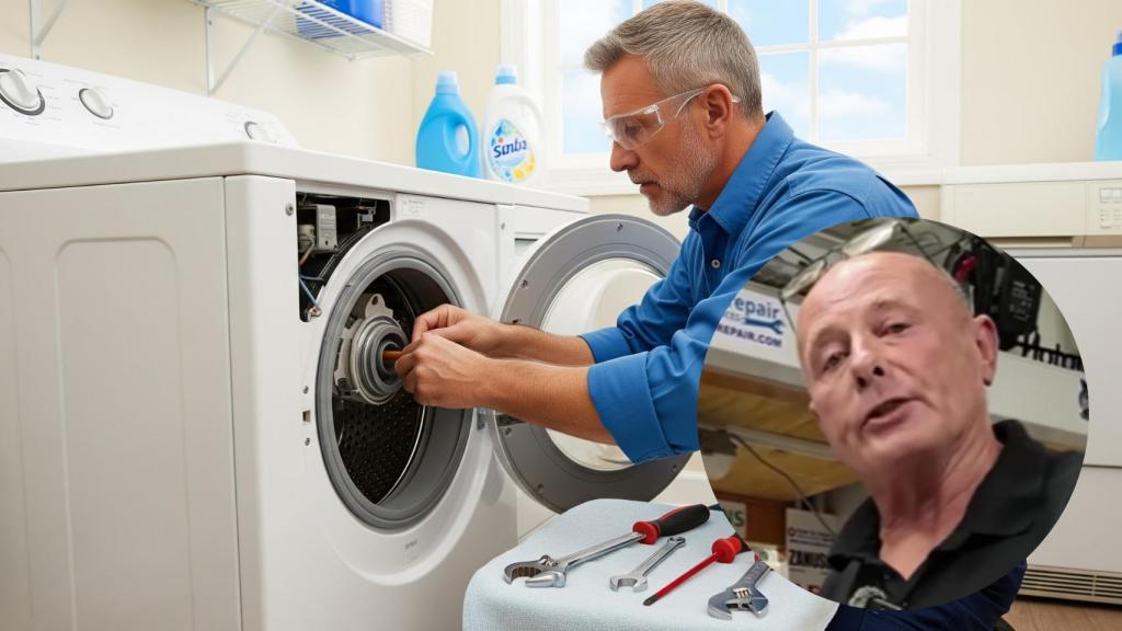 Montaje de Paul Charmbury con una persona reparando una lavadora en una imagen creada con IA.