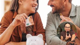 Pareja joven ahorrando dinero y la creadora de contenido @minervacherto.