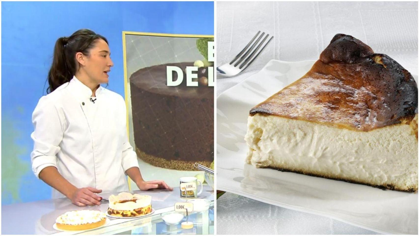 Fotomontaje de Claudia Covarrubias y una tarta de queso.