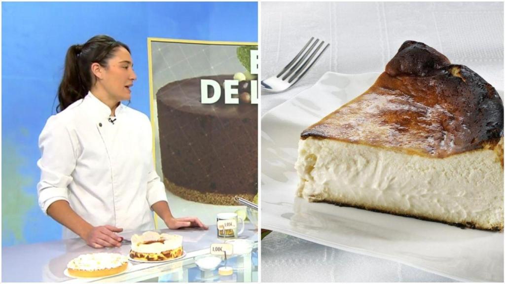 Fotomontaje de Claudia Covarrubias y una tarta de queso.