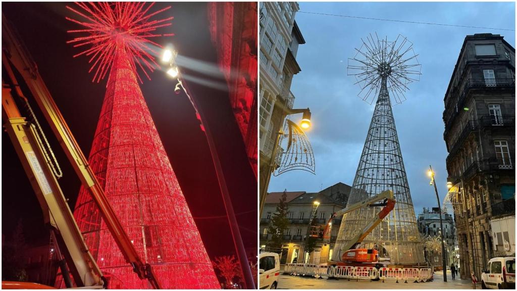 El árbol de Porta do Sol, encendido en la noche del 29 de octubre de 2025.