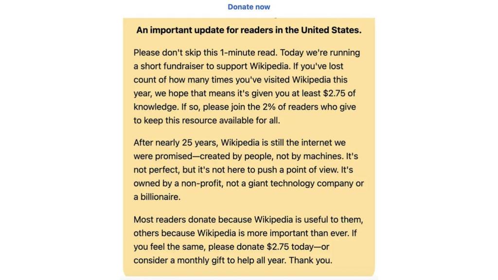 Mensaje anclado de Wikipedia en su web estadounidense.