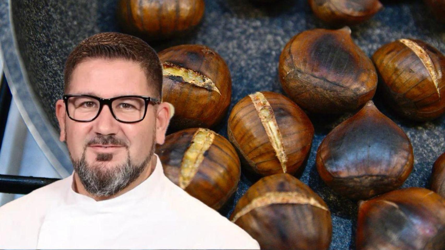 El chef Dani García junto a unas castañas en sartén.