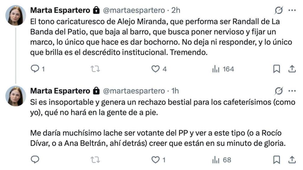 Tuits de Marta Espartero sobre el interrogatorio a Pedro Sánchez en el Senado.