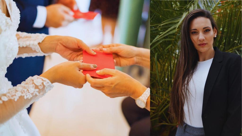 Invitados dando un regalo a una recién casada y Eli Defferary.