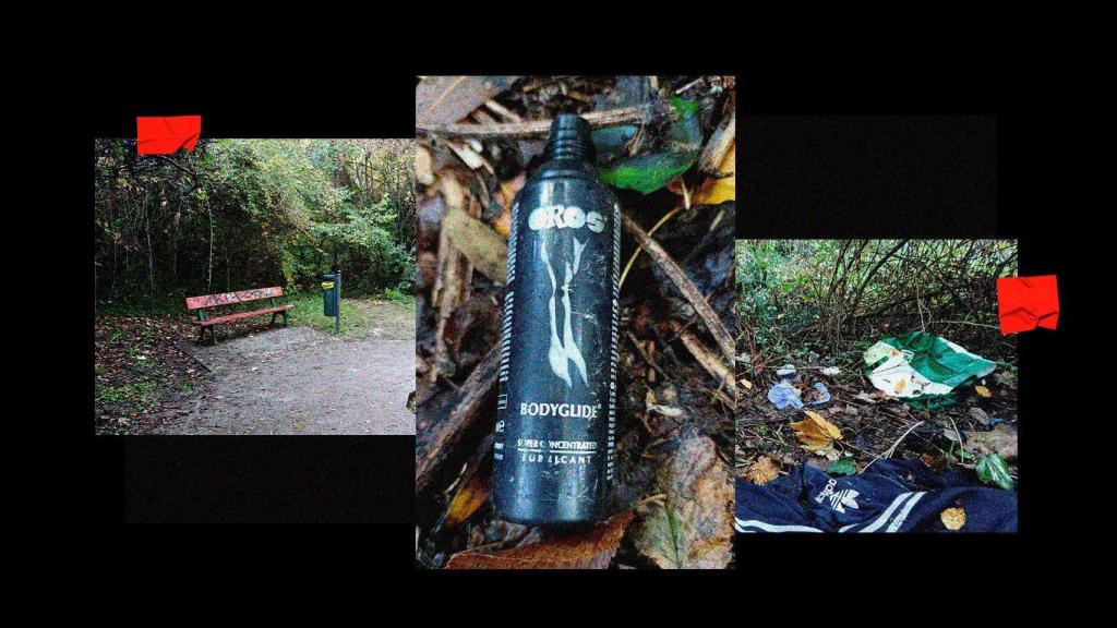 El lugar por donde se accede al asentamiento ilegal, un bote de lubricante y enseres de los sospechosos.