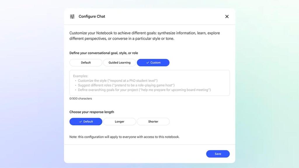Ventana de configuración de definición de los roles de conversación de NotebookLM