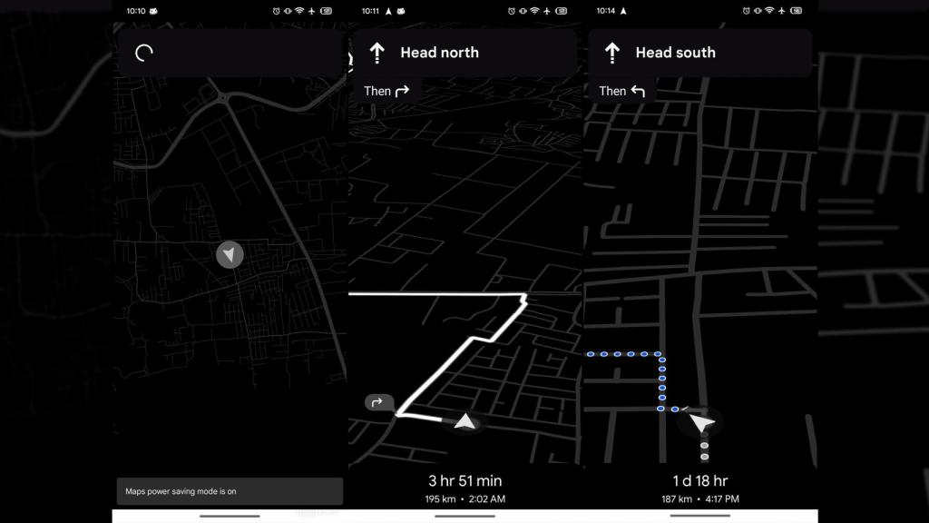 Tres capturas del diseño del modo de ahorro de batería de Google Maps