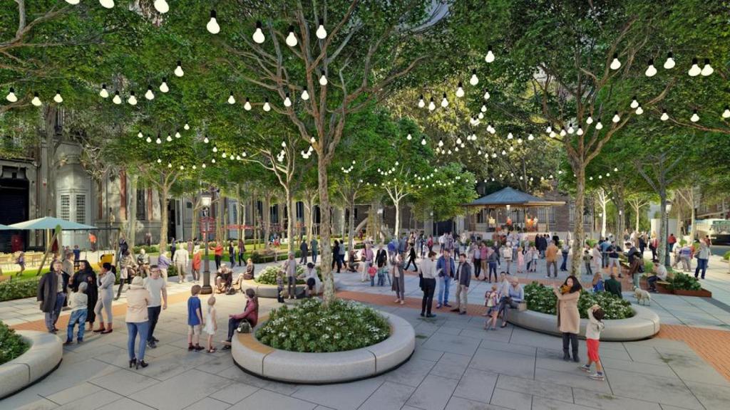Recreación de cómo quedará la Plaza de Chamberí en verano de 2026.
