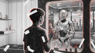 Ilustración de persona hablando con un robot.