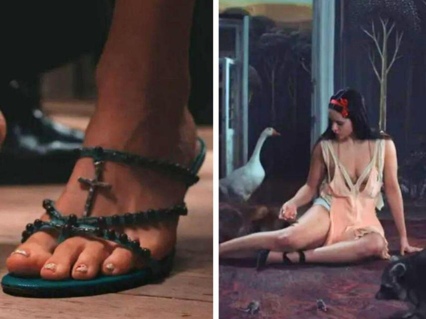 La cantante luce en el vídeo un vestido de Balenciaga y unas saldalias rosario de Malexander McQueen.