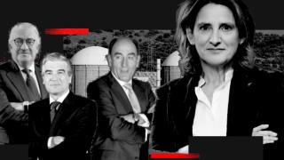 Photomontage of José Bogas, CEO of Endesa, Ignacio Sánchez Galán, executive president of the Iberdrola group, Francisco Reynés, executive president of Naturgy, with the former third vice-president for ecological transition and current first vice-president and competition commissioner of the European Commission, Teresa Ribera.