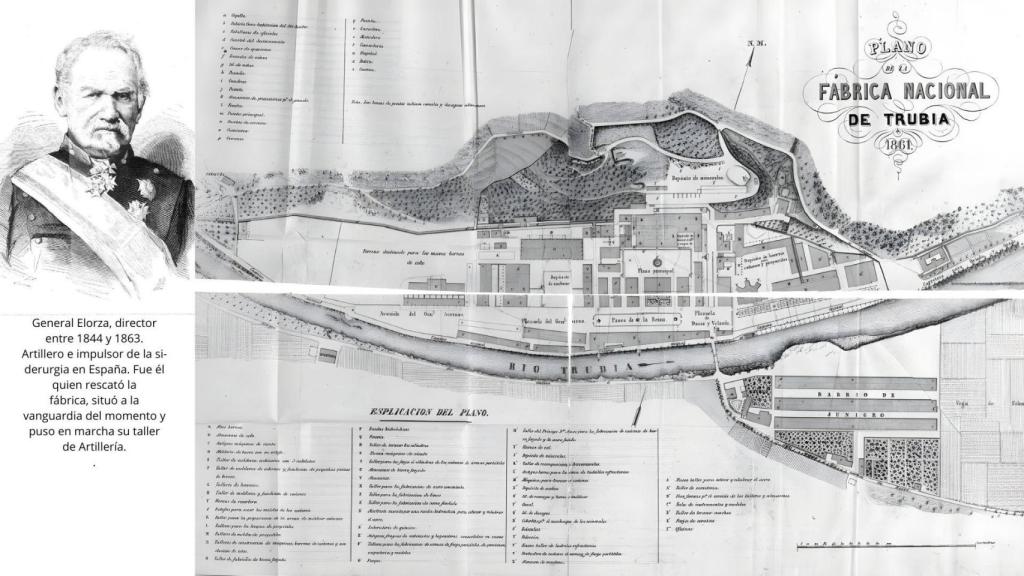 Mapa y retrato del general Elorza, director de la fábrica de Trubia entre 1844 y 1863.