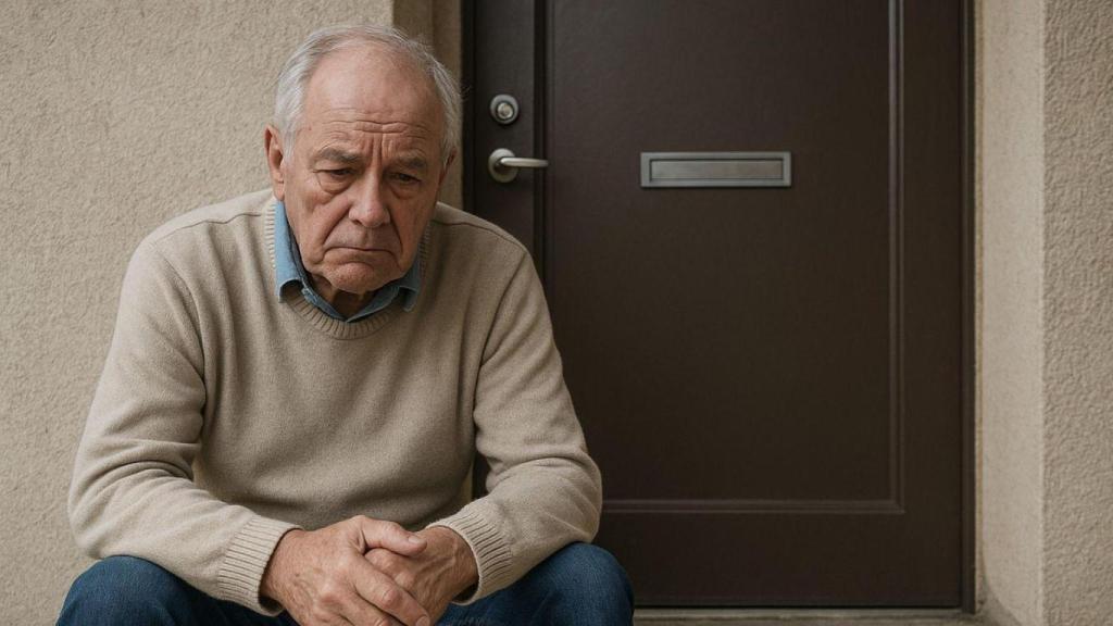 Un jubilado fuera de una vivienda. Imagen generada con IA.