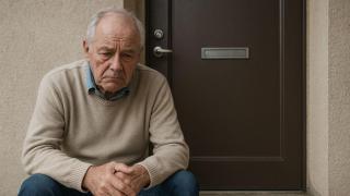 Un jubilado fuera de una vivienda. Imagen generada con IA.