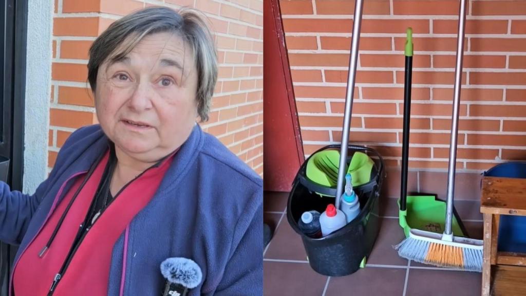Montaje con María José, limpiadora de 60 años, y los utensilios que usa para limpiar.