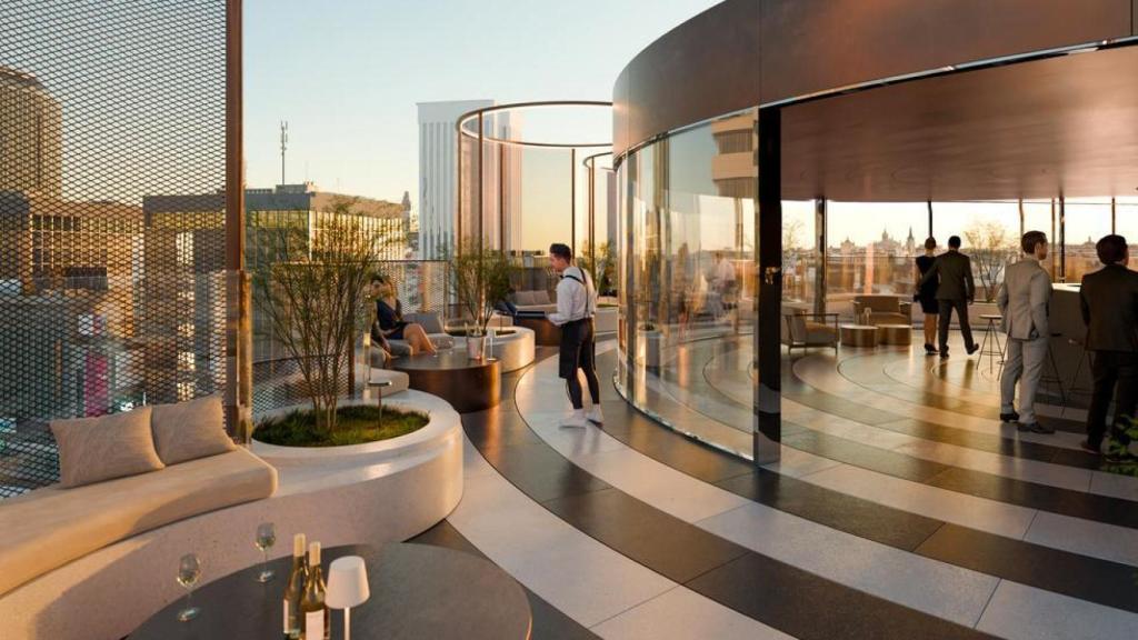 Render del rooftop del nuevo hotel de General Perón, 27 en Madrid.