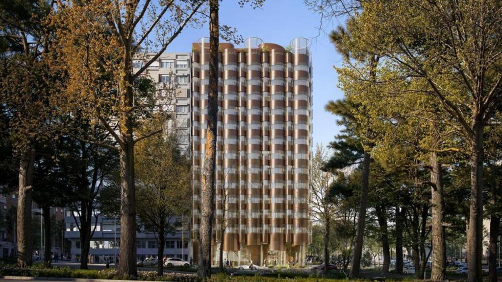 Recreación del exterior del edificio del hotel de lujo desde la calle General Perón.