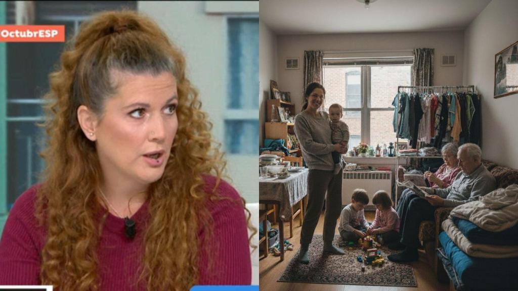 Imagen de Sonia y una imagen generada por IA de una mujer junto a sus tres hijos en casa de los abuelos.