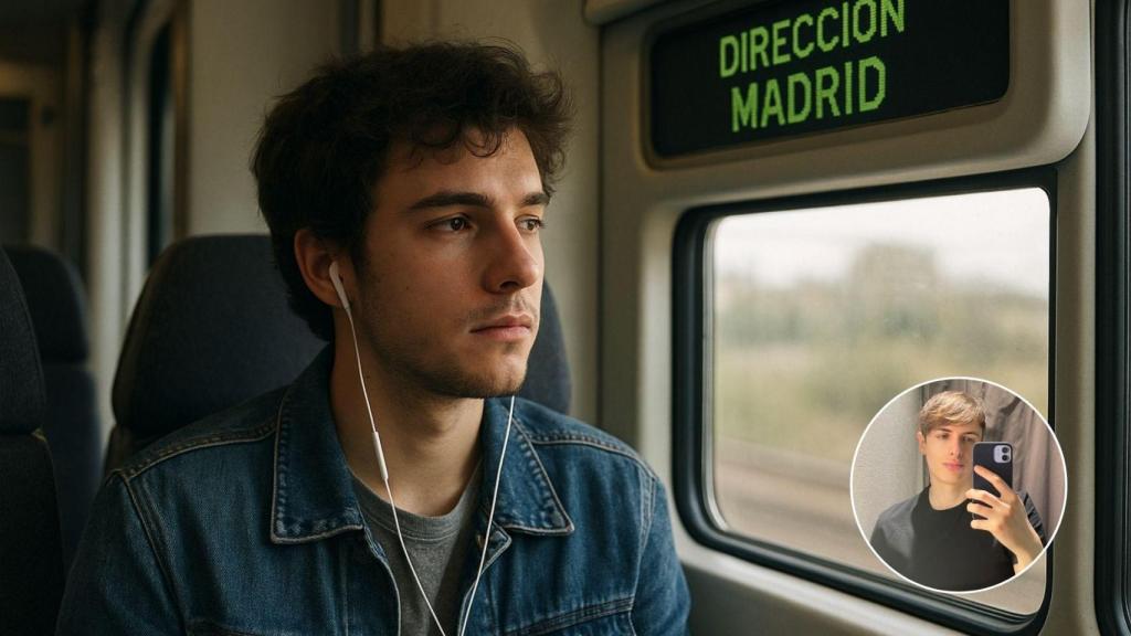 Imagen generada por IA de un joven viajando a Madrid y una imagen de Juca.