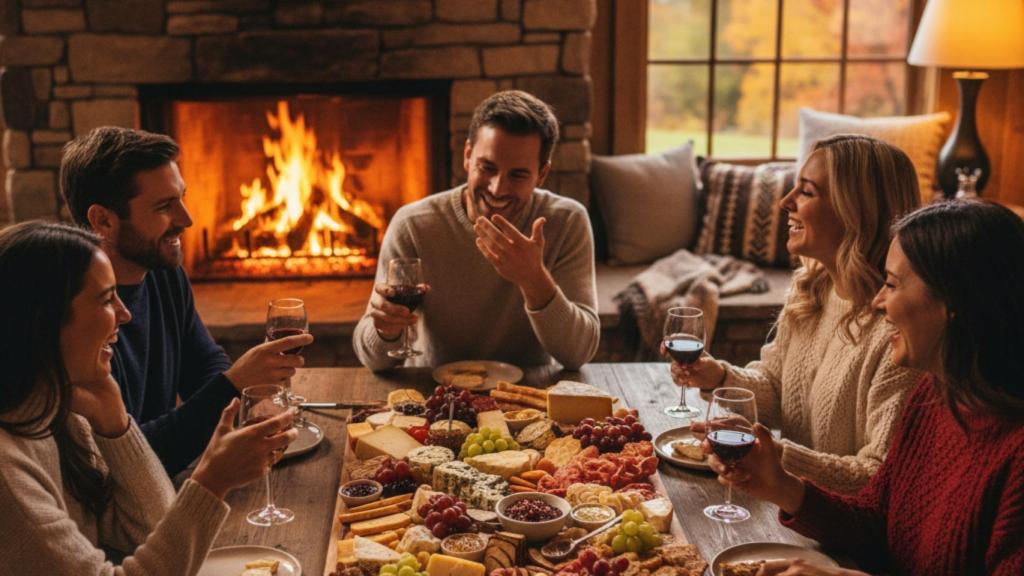 Grupo de amigos compartiendo una tabla de quesos