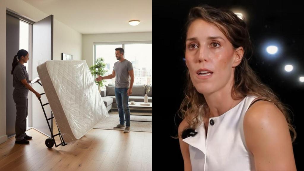 Imagen generada por IA de un hombre recibiendo un colchón y una imagen de Elena Fernández.