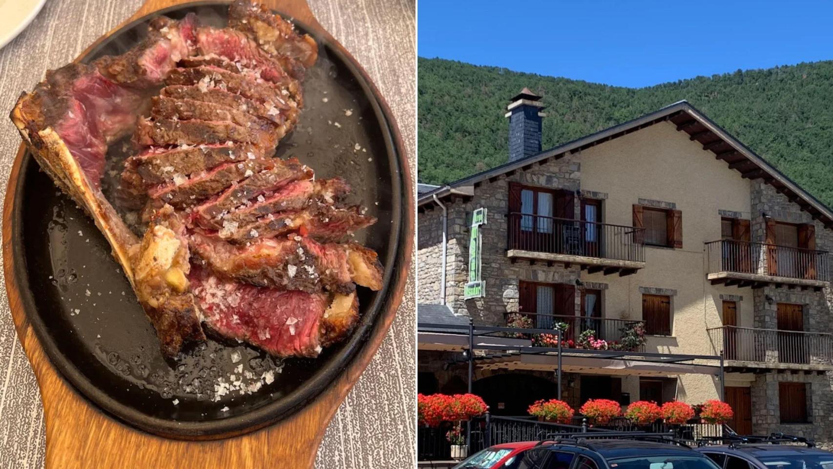 Exterior del restaurante y uno de los chuletones que se sirven en el mismo