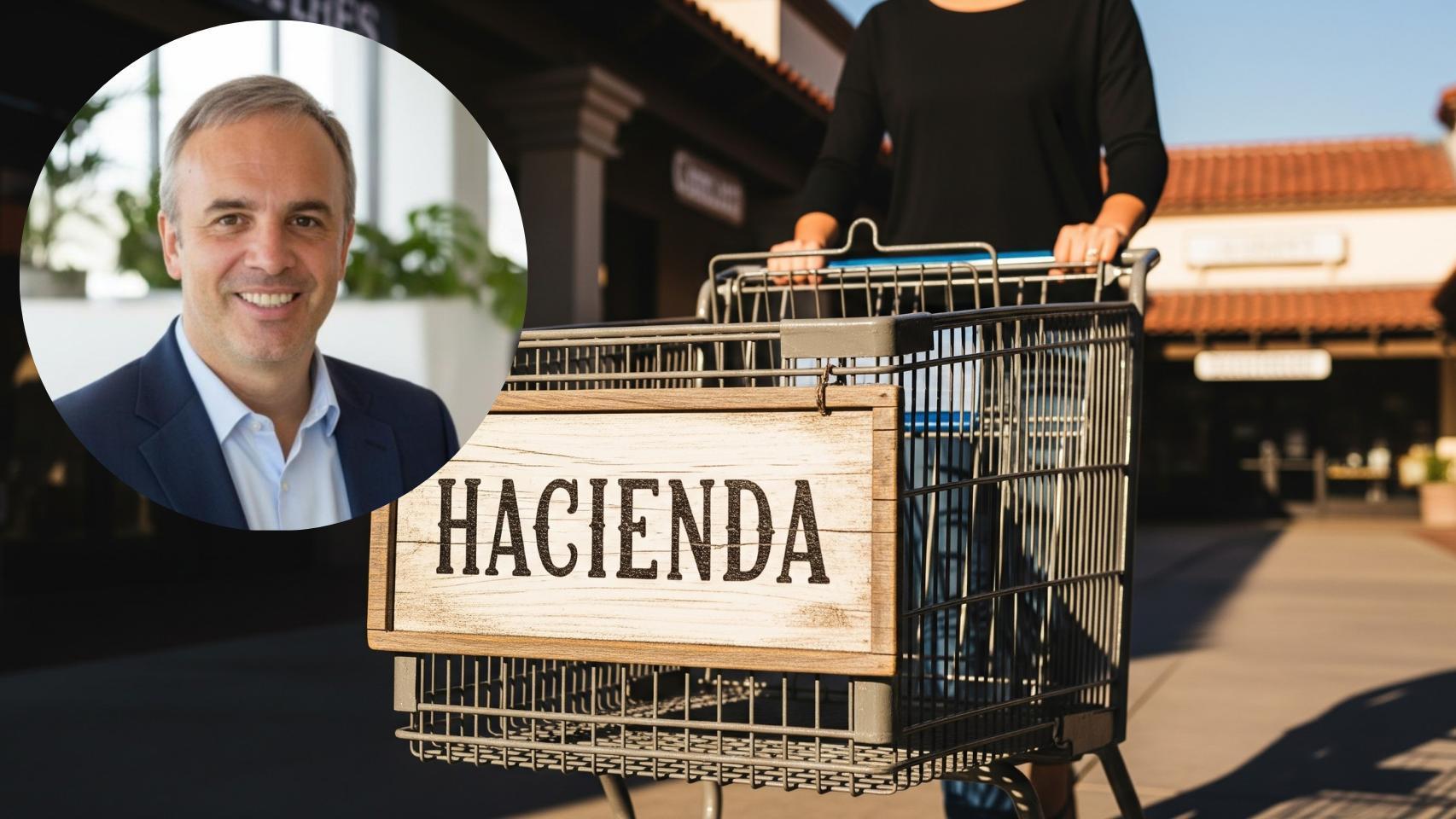 Montaje de Javier Domingo Ripalda con una imagen del carro de la compra y Hacienda creada por IA.