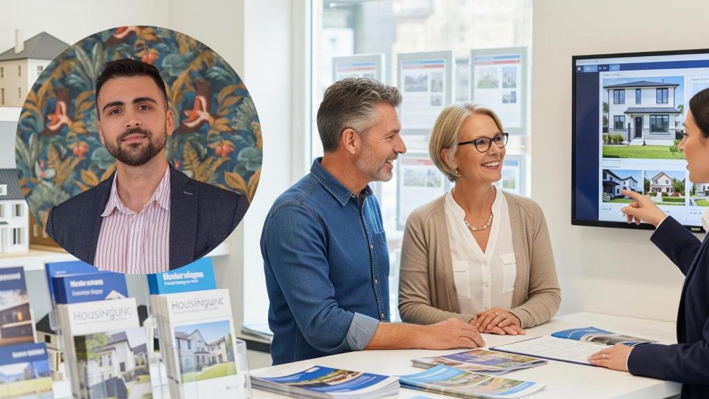 Montaje de Marc con una pareja en una agencia inmobiliaria en una imagen creada con IA.