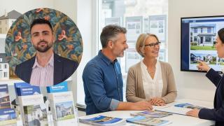 Montaje de Marc con una pareja en una agencia inmobiliaria en una imagen creada con IA.