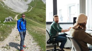 Rafa (izquierda), empleados en una oficina (derecha)