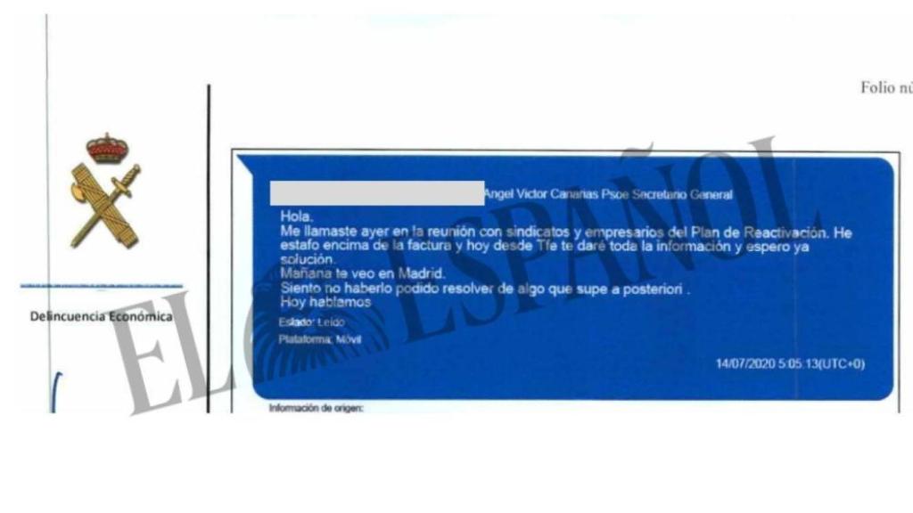 Uno de los mensajes intervenidos por la Guardia Civil.