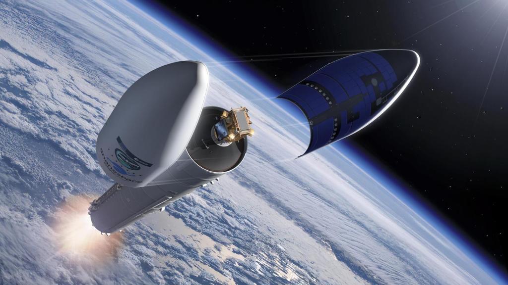 Ariane 6 desplegando el satélite en una representación artística.