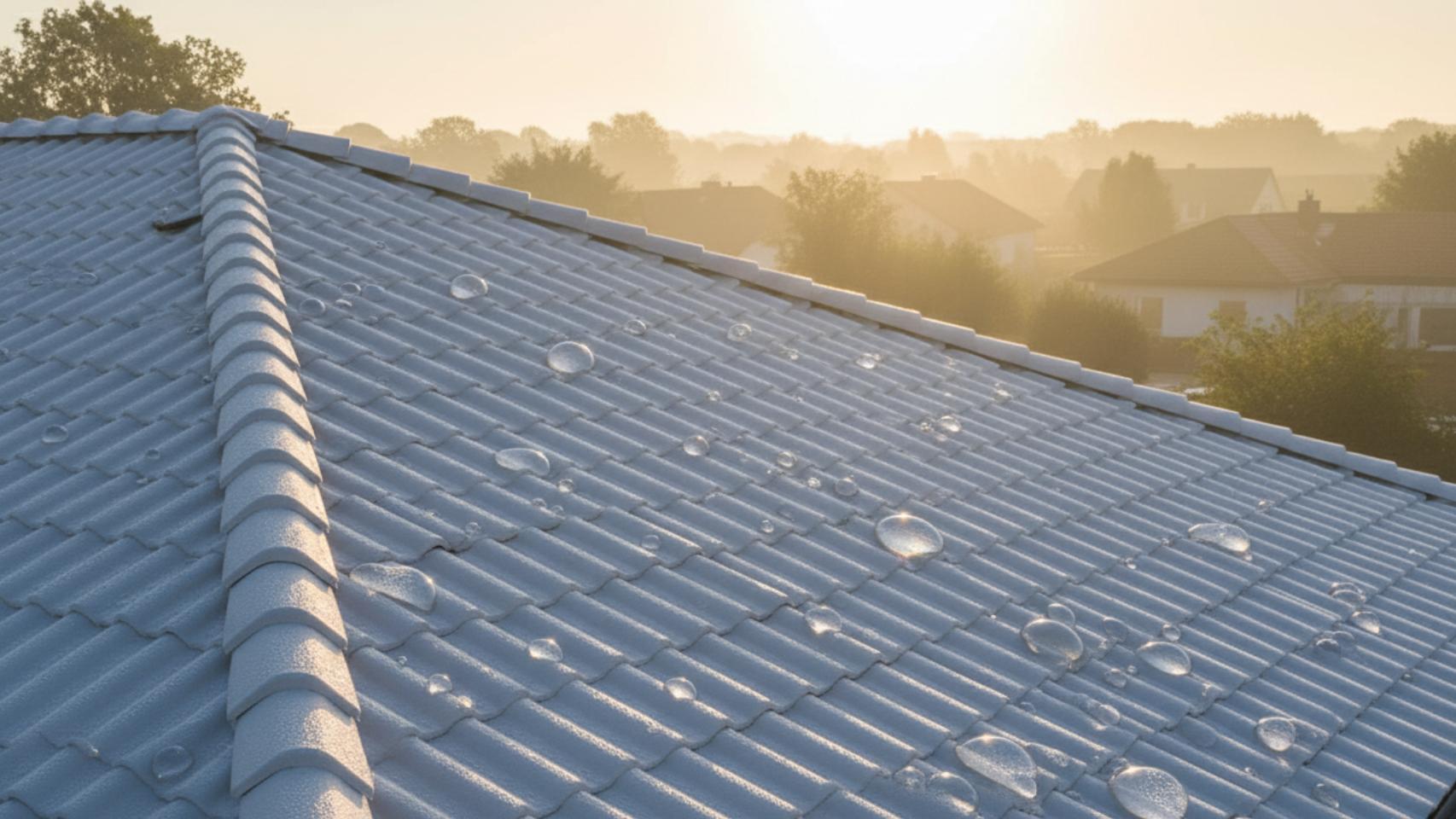 Un tejado con grandes gotas de rocío condensadas