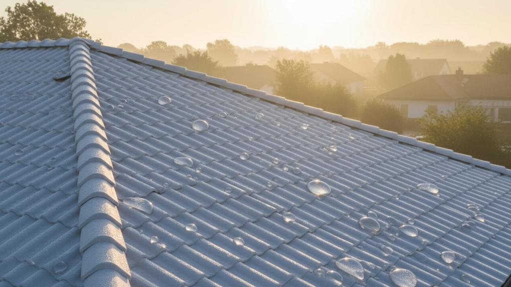 Un tejado con grandes gotas de rocío condensadas