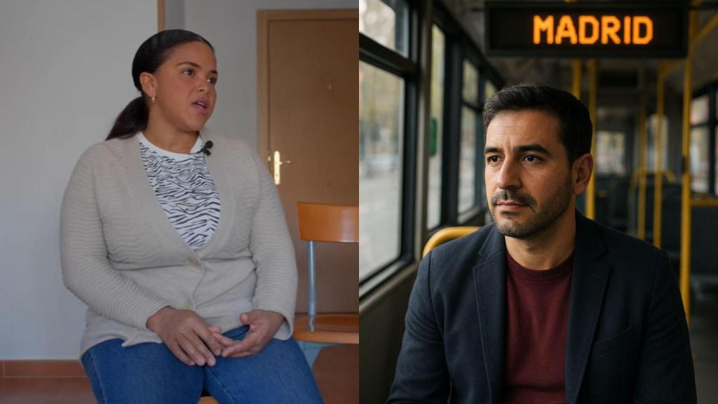 Imagen de Kelly y una imagen generada por IA de un hombre en un bus con dirección a Madrid.