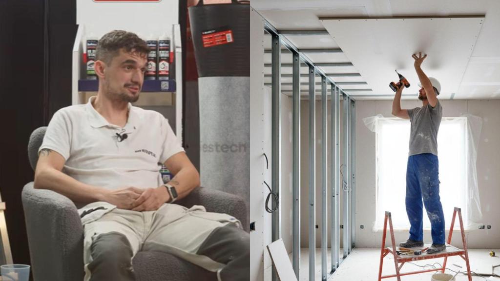 Imagen de Luis Miguel y una imagen generada por IA de un instalador de placas de yeso laminado.