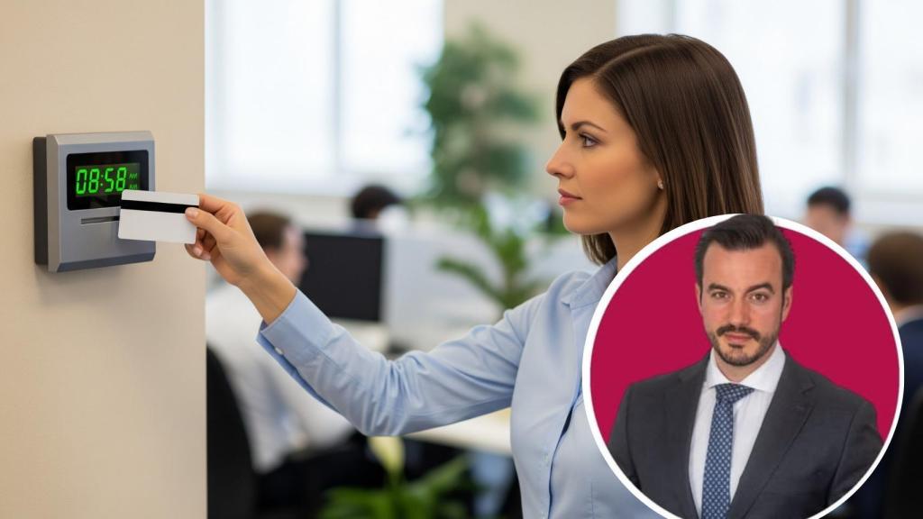 Montaje de Ignacio de la Calzada con una trabajadora fichando en una imagen creada con IA.