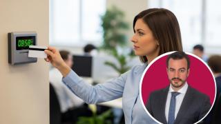 Montaje de Juanma Lorente con una trabajadora fichando en una imagen creada con IA.