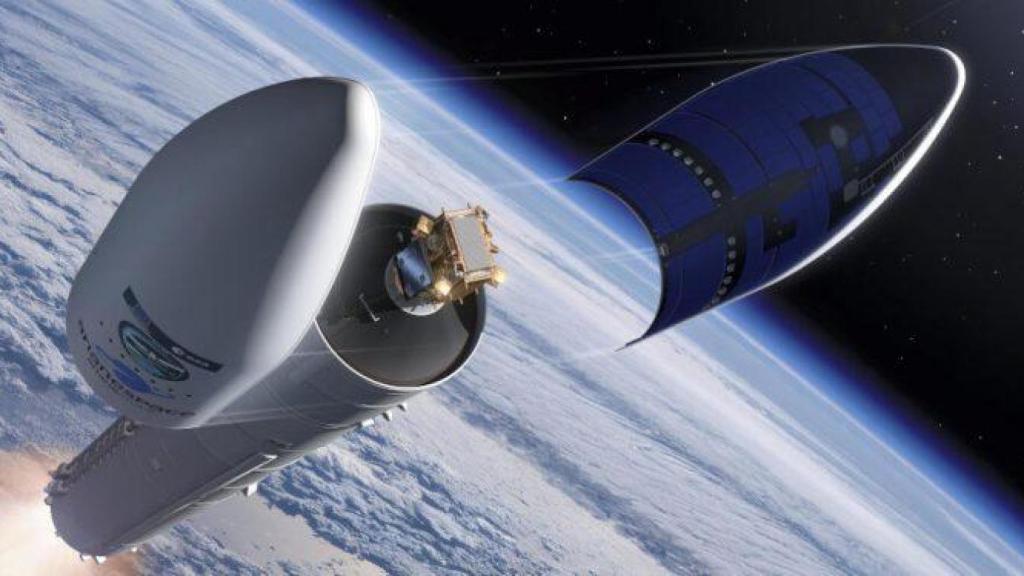 Vista artística de Copernicus Sentinel-1D en su lanzador Ariane 6 momentos después del lanzamiento del carenado.