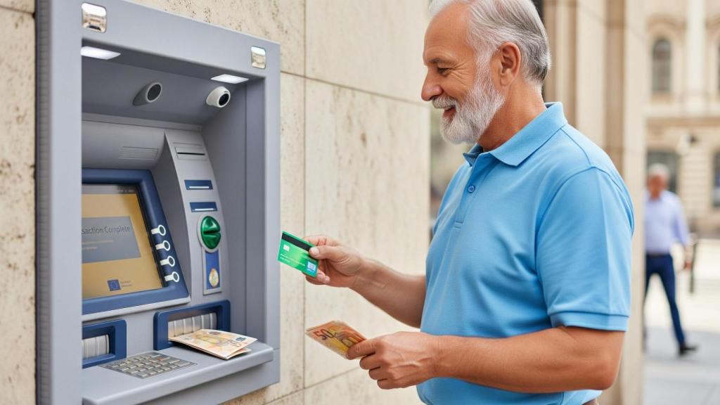 Un jubilado sacando dinero del banco en una imagen creada con IA.