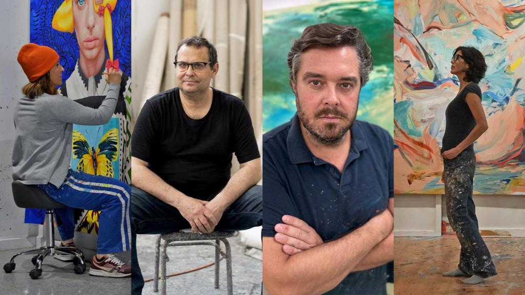 De izquierda a derecha, Ángeles Agrela (Premio BMW de Pintura, 2015), Santiago Ydáñez (2018), Hugo Fontela (2005) y Mabel Arce (2000). Fotos: José Piñar / Sergio Belinchón / Carmen Figaredo / Mabel Arce