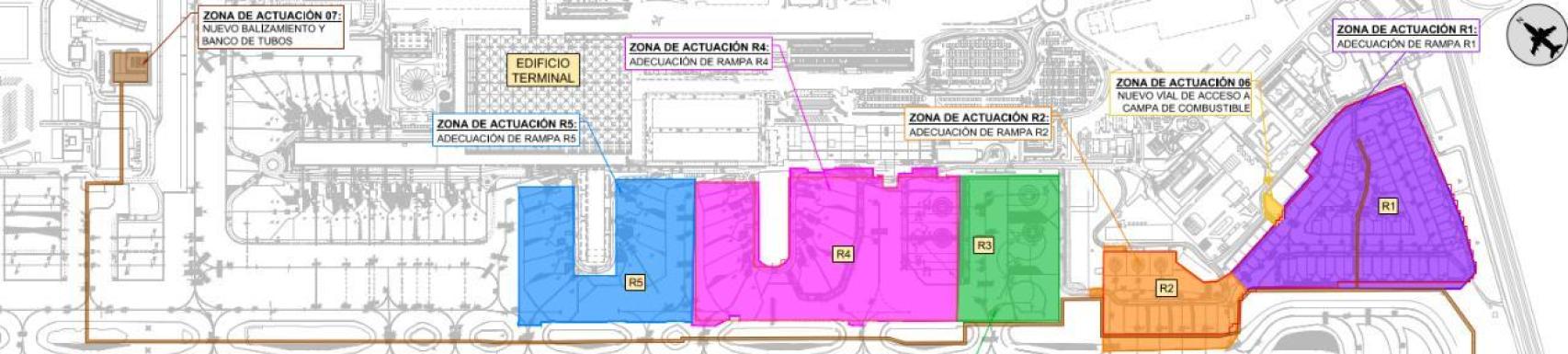 Mapa con las zonas de actuación en el Aeropuerto de Málaga.