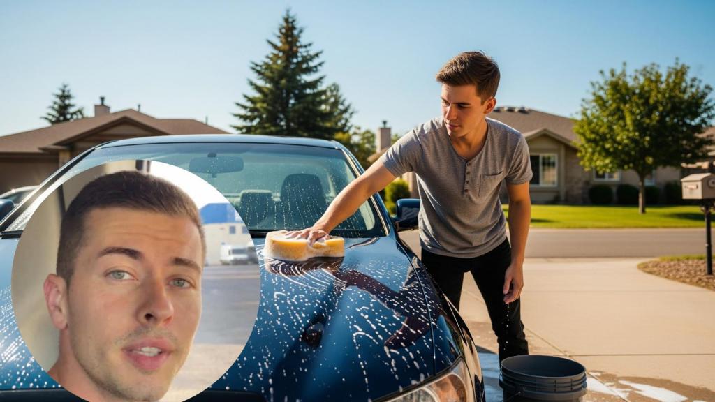 Montaje de Alex con un chico lavando un coche en una imagen creada con IA.