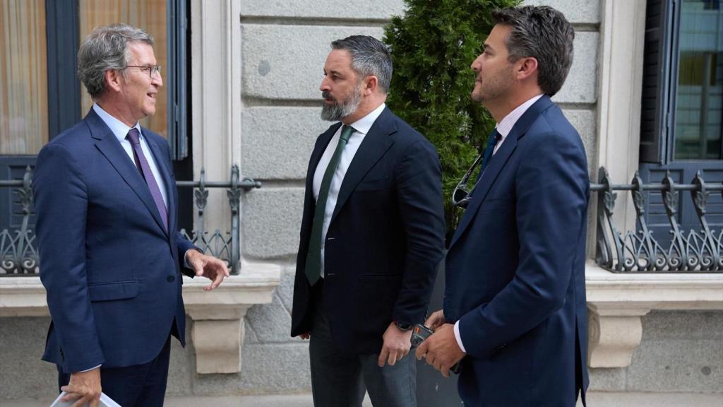 El presidente del PP, Alberto Núñez Feijóo (i) conversa con el presidente de Vox, Santiago Abascal (c), en una imagen de 2024.
