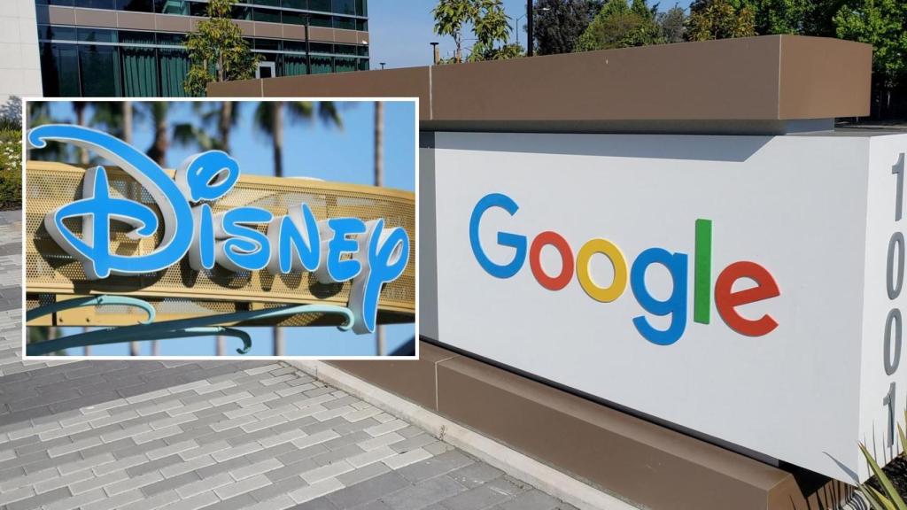Logo de Disney y cartel de Google en el exterior de una de sus oficinas.