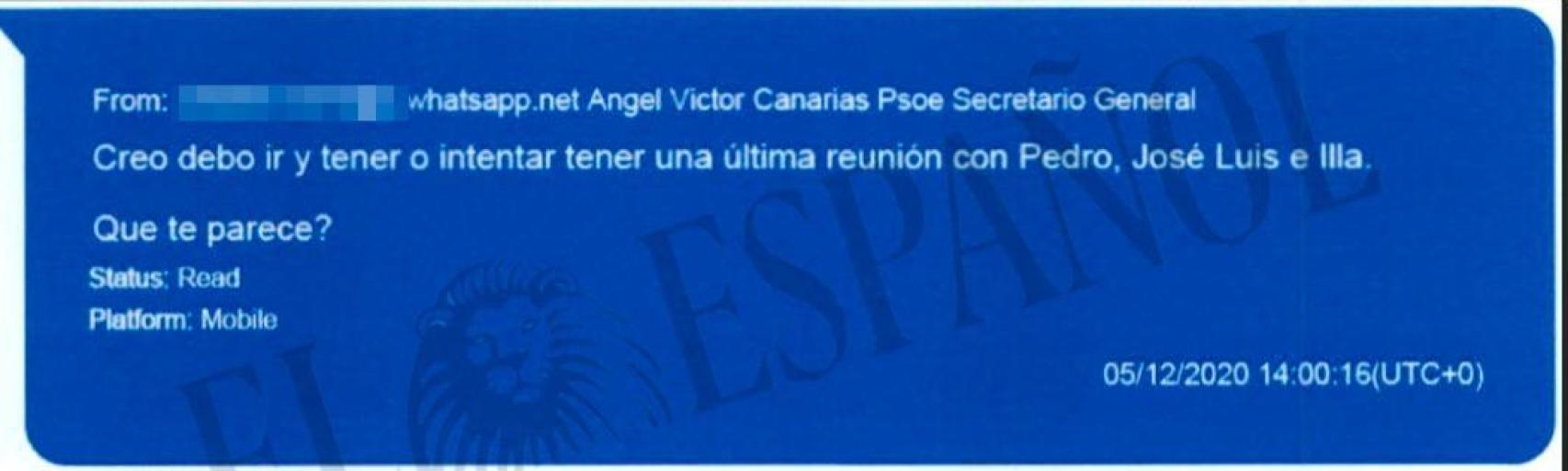 Mensaje de Ángel Víctor Torres en el que informa a Koldo que pretende mantener una reunión con Pedro Sánchez, José Luis Ábalos y Salvador Illa.