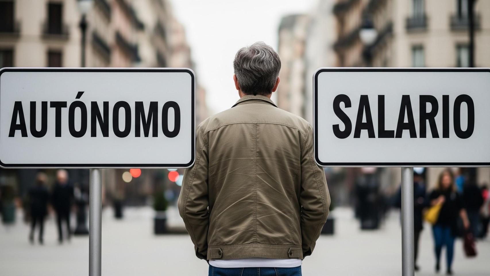 Una persona duda entre trabajar como autónomo o como asalariado en una imagen creada con IA.