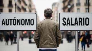 Una persona duda entre trabajar como autónomo o como asalariado en una imagen creada con IA.