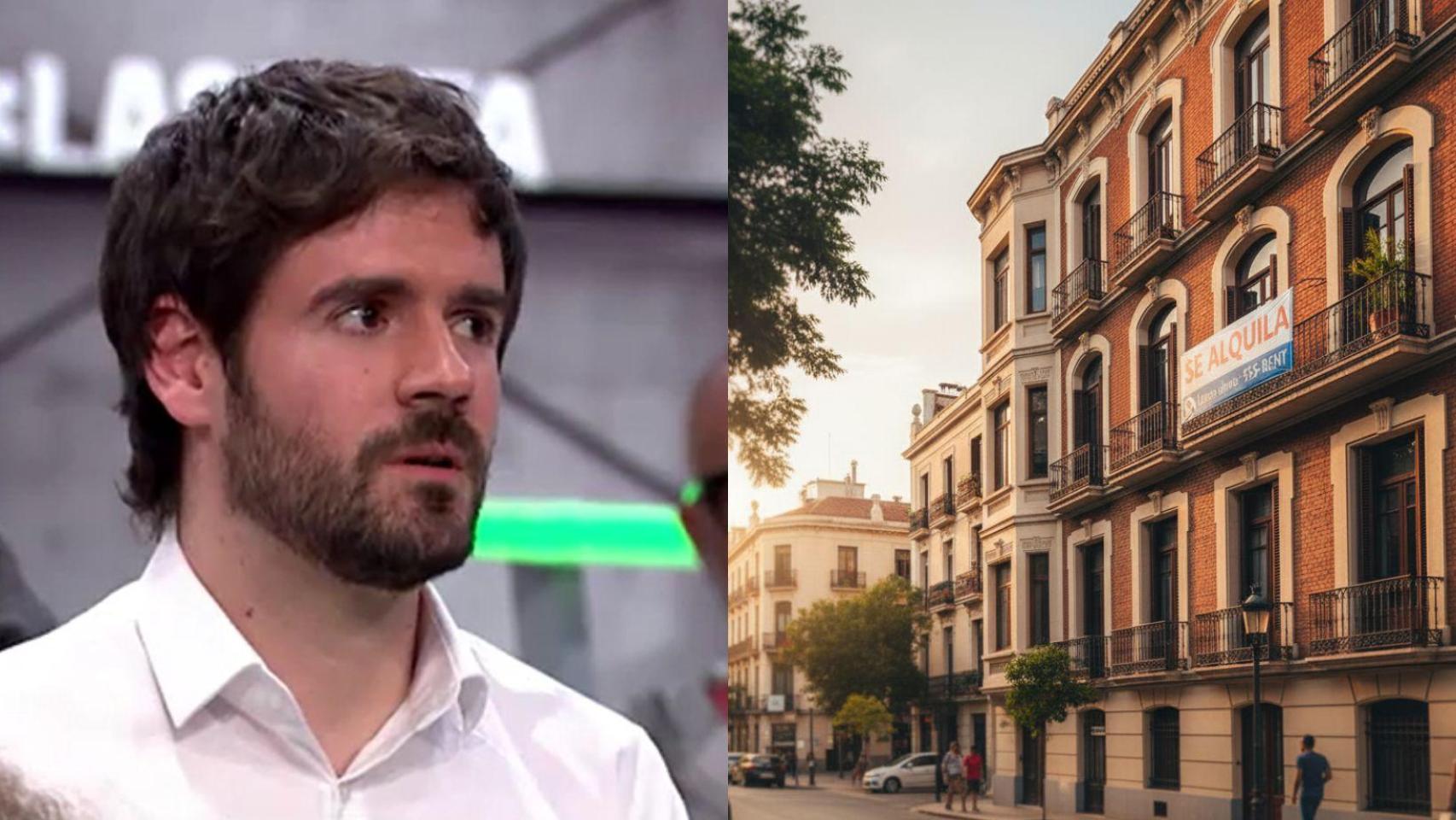 Rubén y una imagen creada con IA de un edificio.
